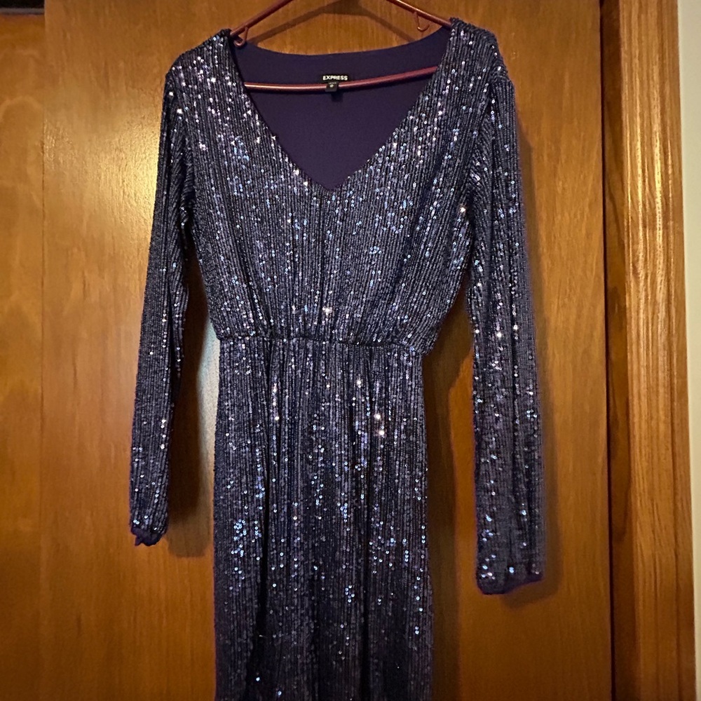 Express Long Sleeve Navy Sequin V-Neck Dress